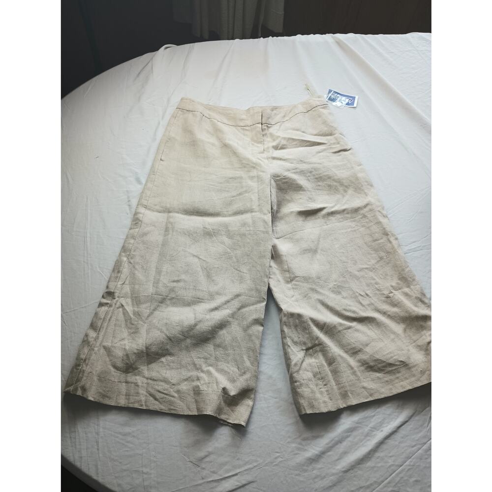 Mandarin Blue Linen Pants Cropped Wide Leg Tan Tie Front Zip 4 Pockets Lined‎ 6